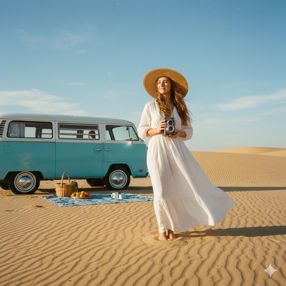 A wide shot of a woman in an airy white linen maxi dress and