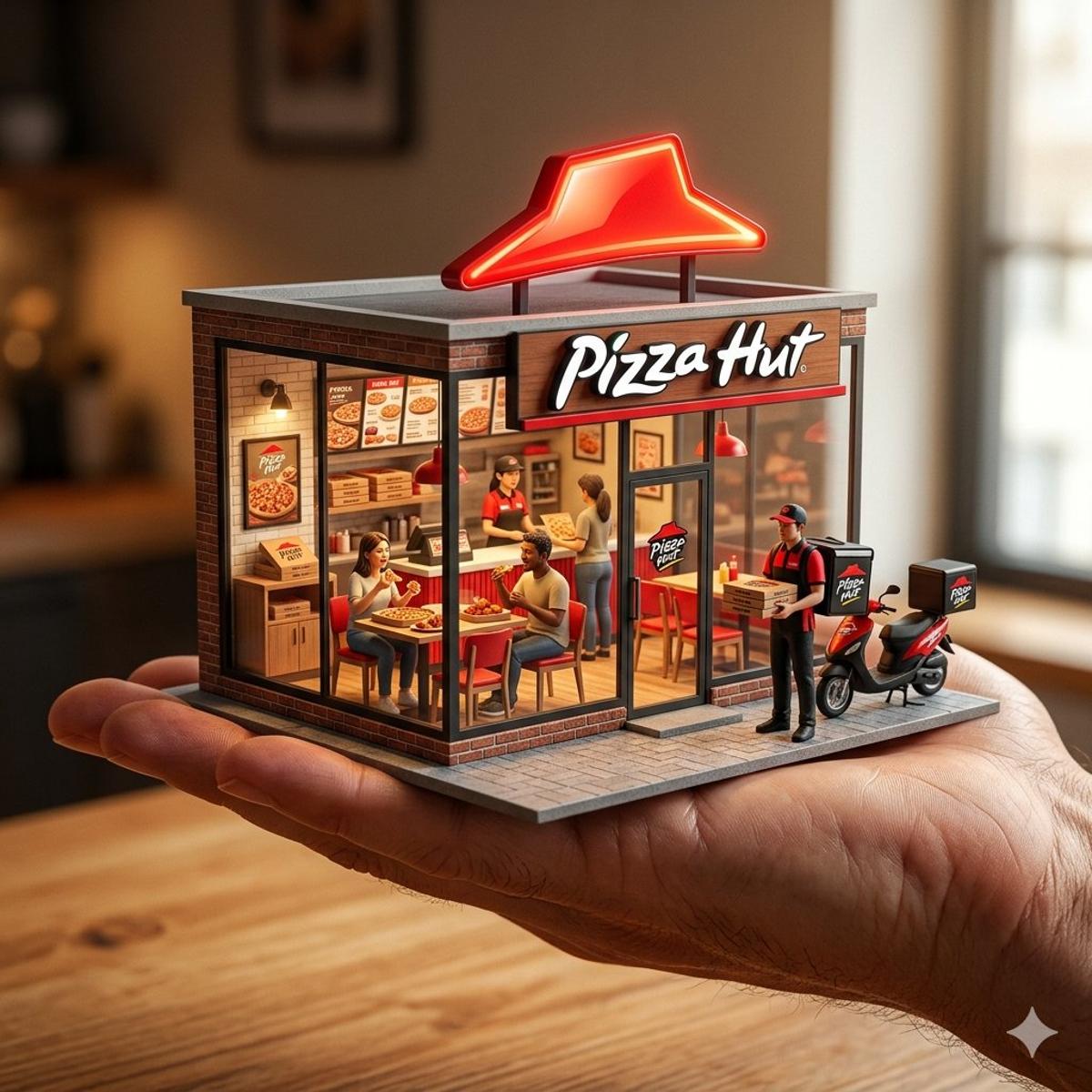 An ultra-realistic miniature [YOUR BRAND] showroom balanced 