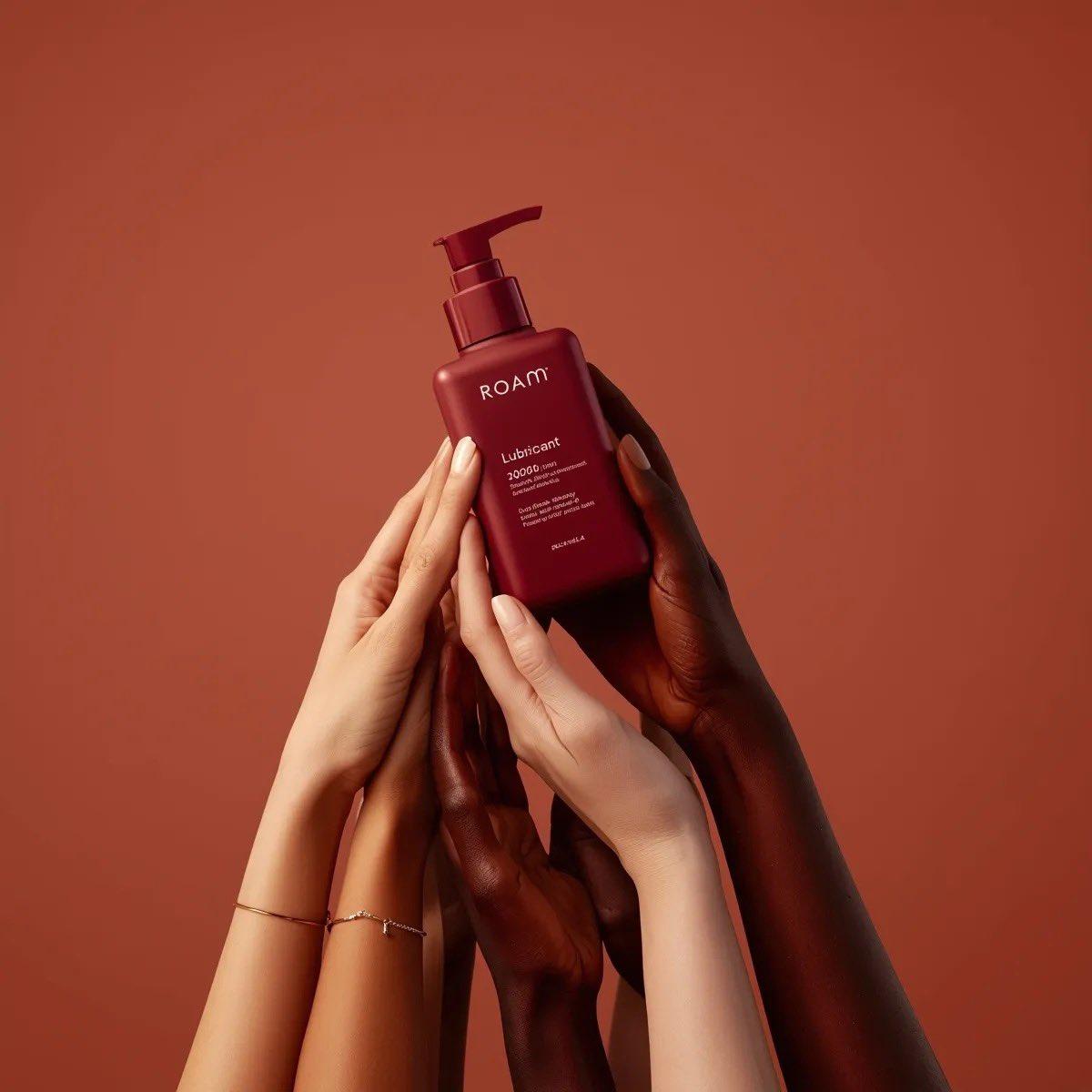 Minimalist product photography of a matte red pump bottle la