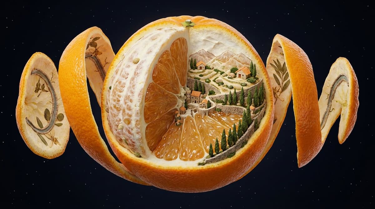 A single [OBJECT] suspended in space, frozen mid-peel as its
