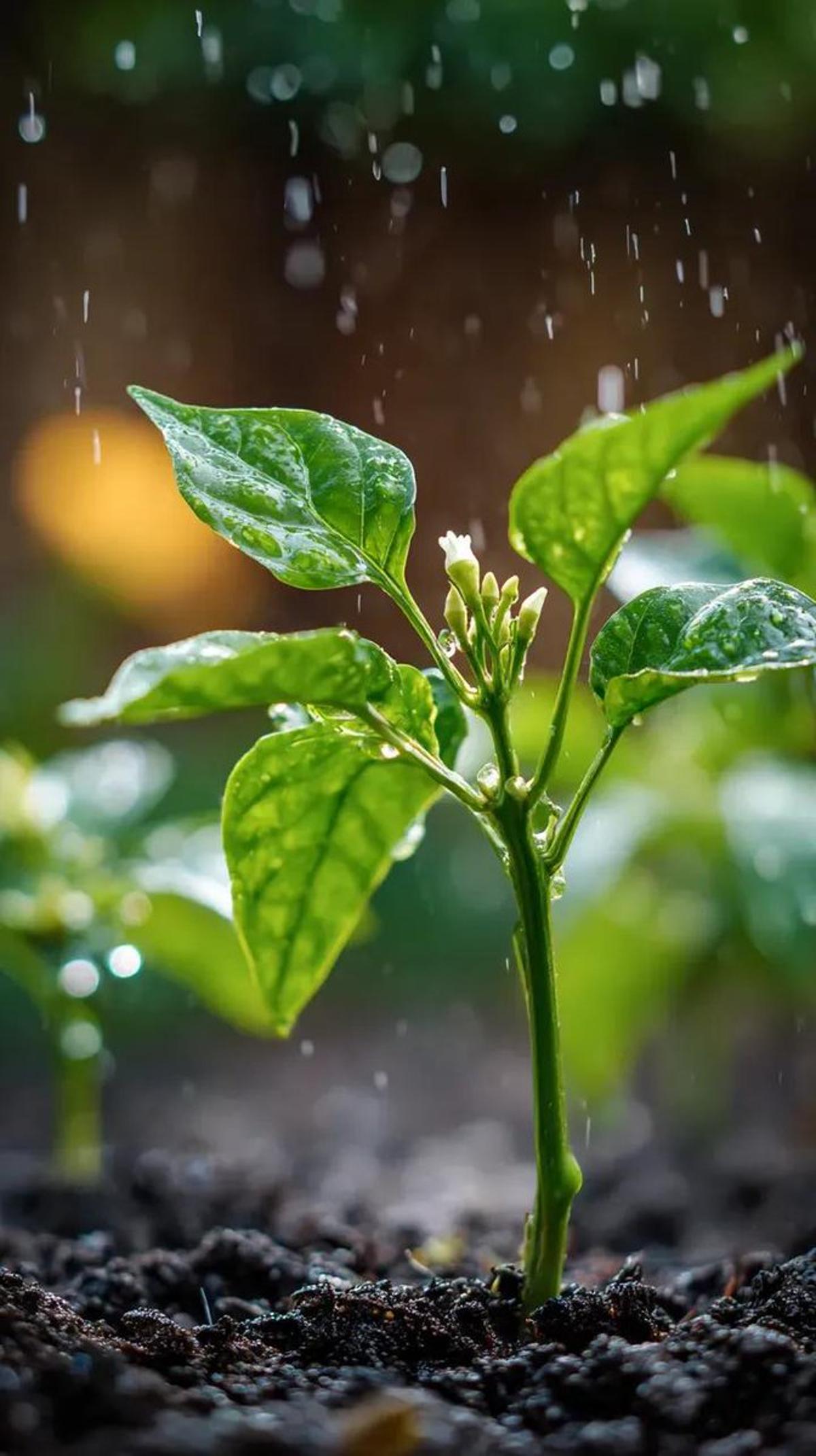 A small chili plant with glossy green leaves and one tiny wh