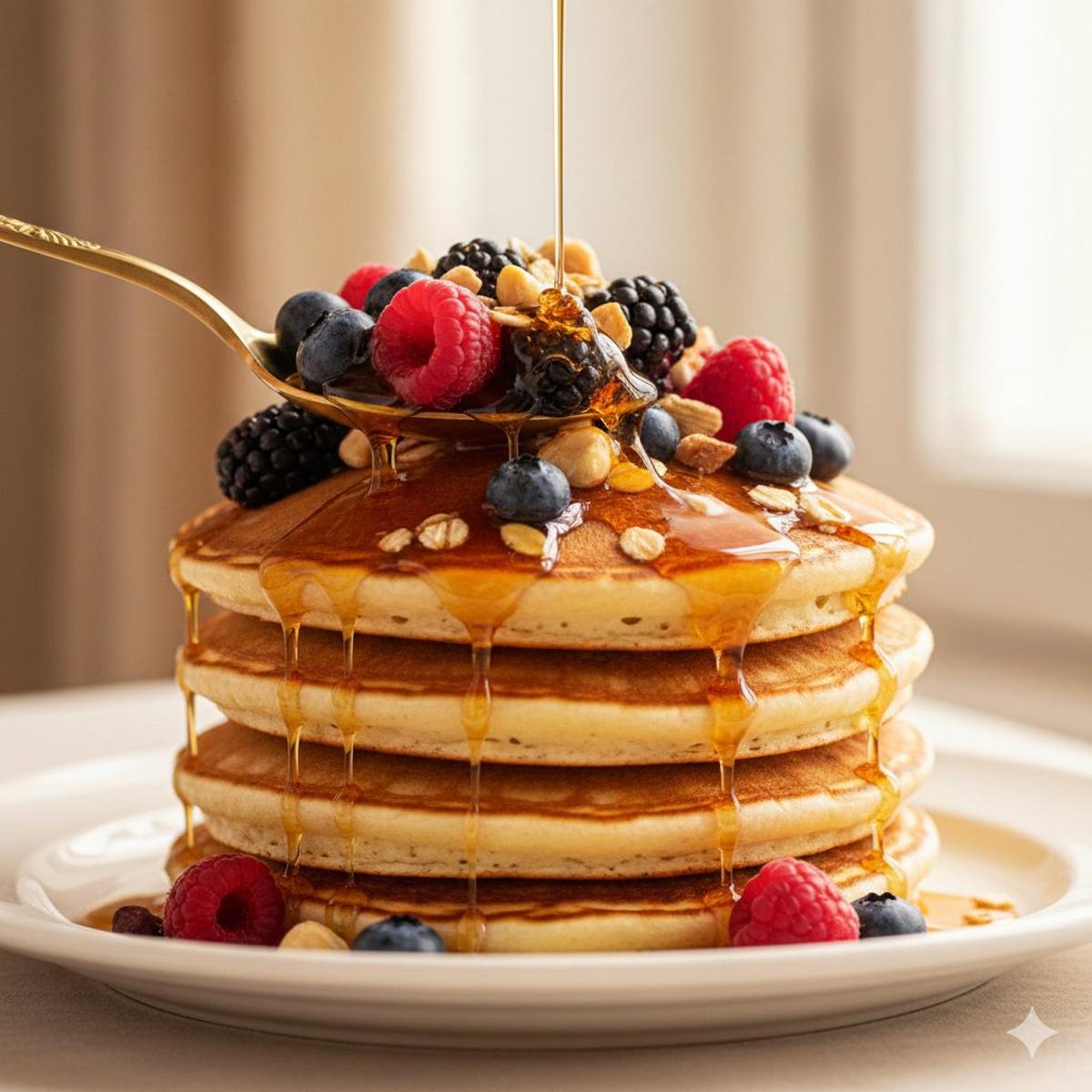 Ultra-luxury food commercial of a stack of thick, fluffy Ame