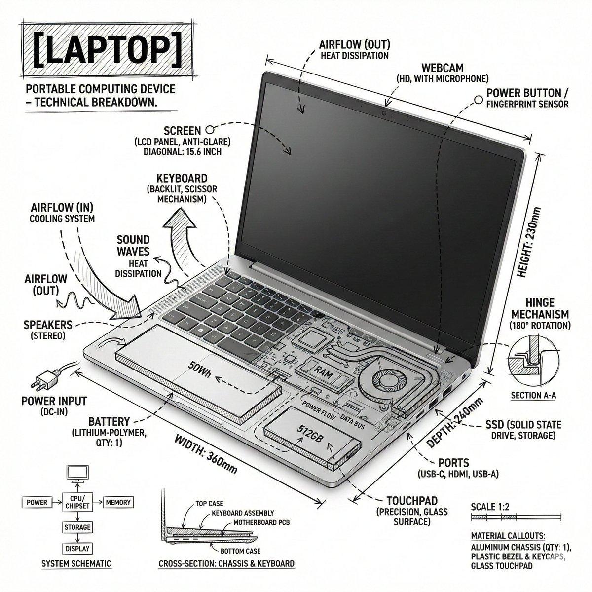 Create an infographic image of laptop ,combining a realistic