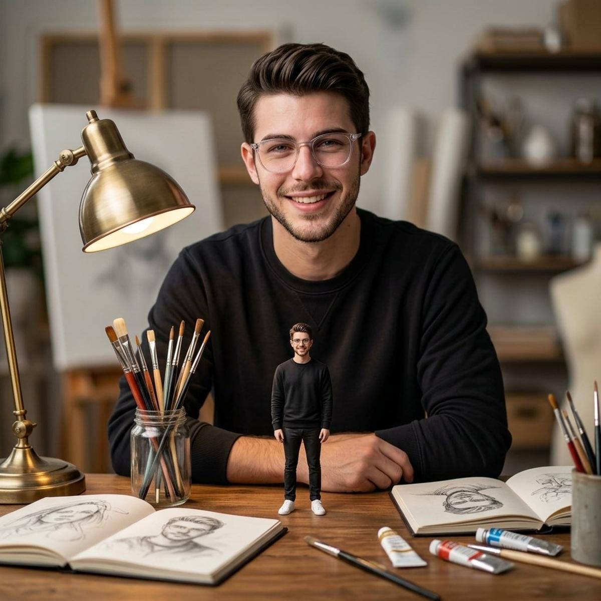 Ultra-realistic cinematic portrait of a young man sitting at