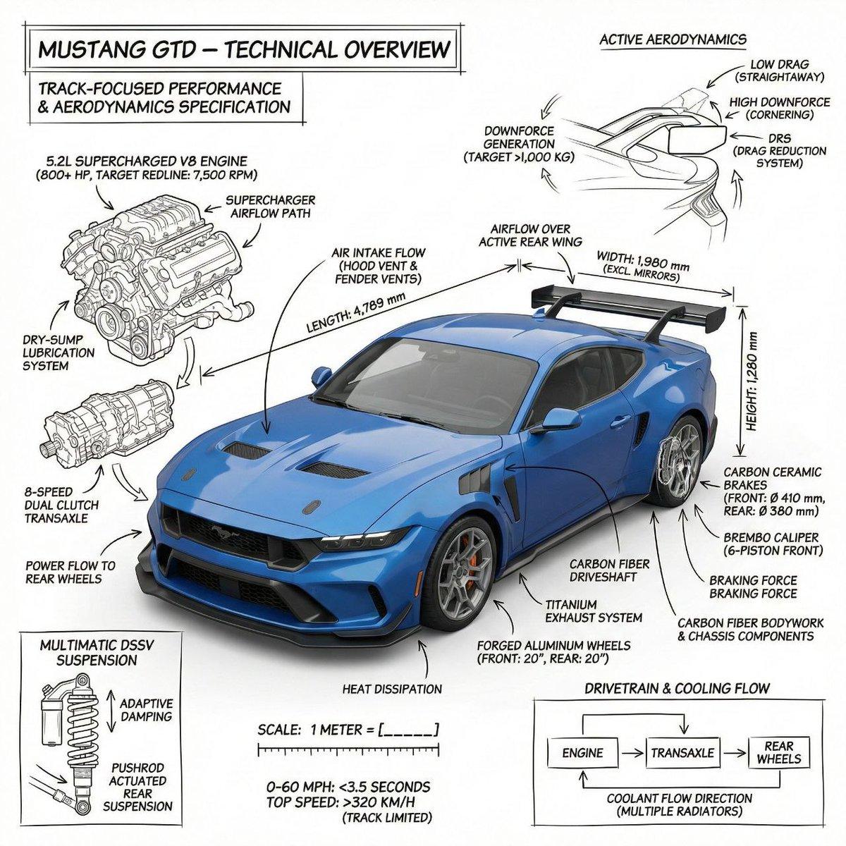 Create an infographic image of Mustang GTD combining a real