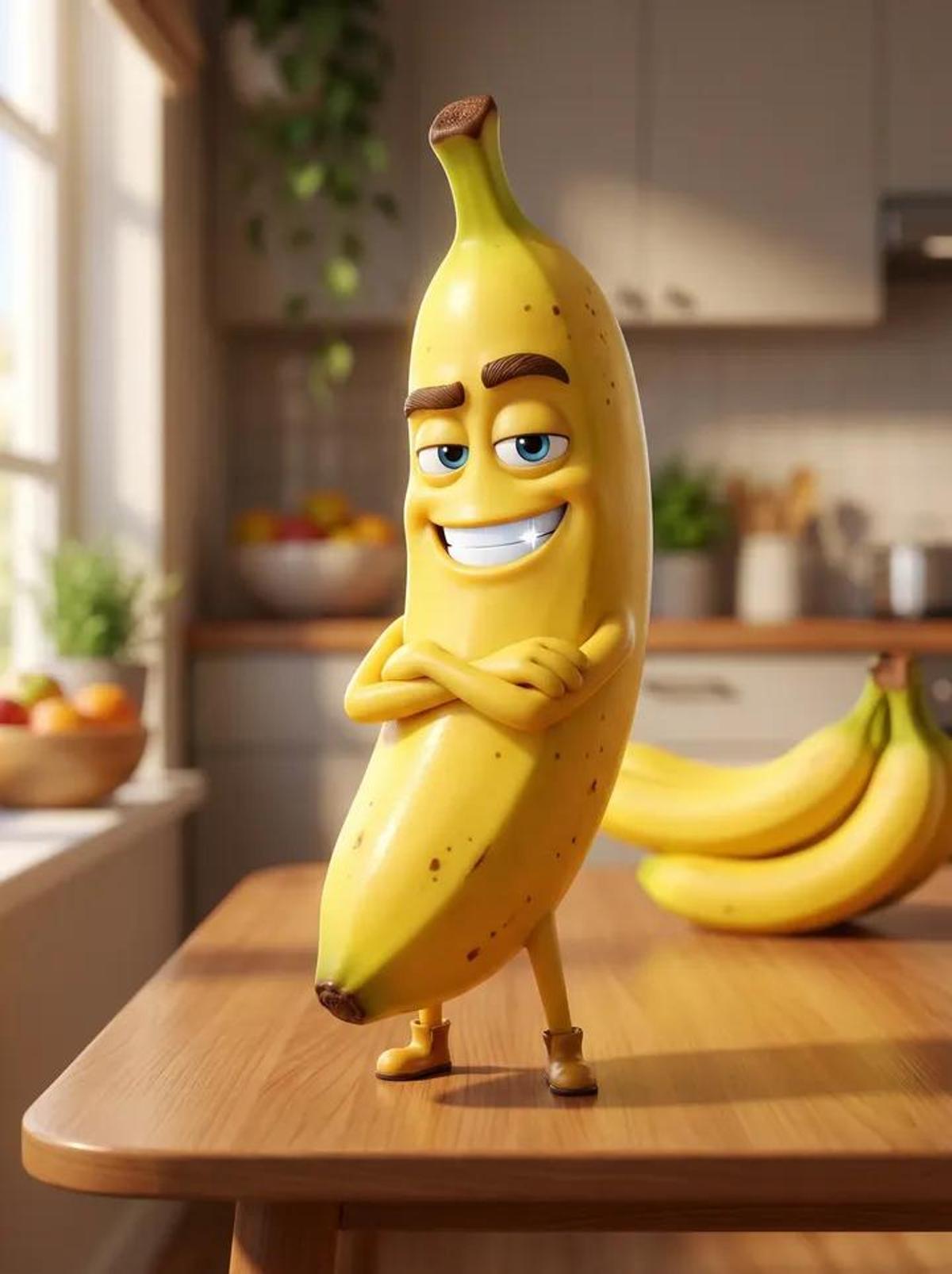 A Pixar-style 3D animated character of a single banana. Hand