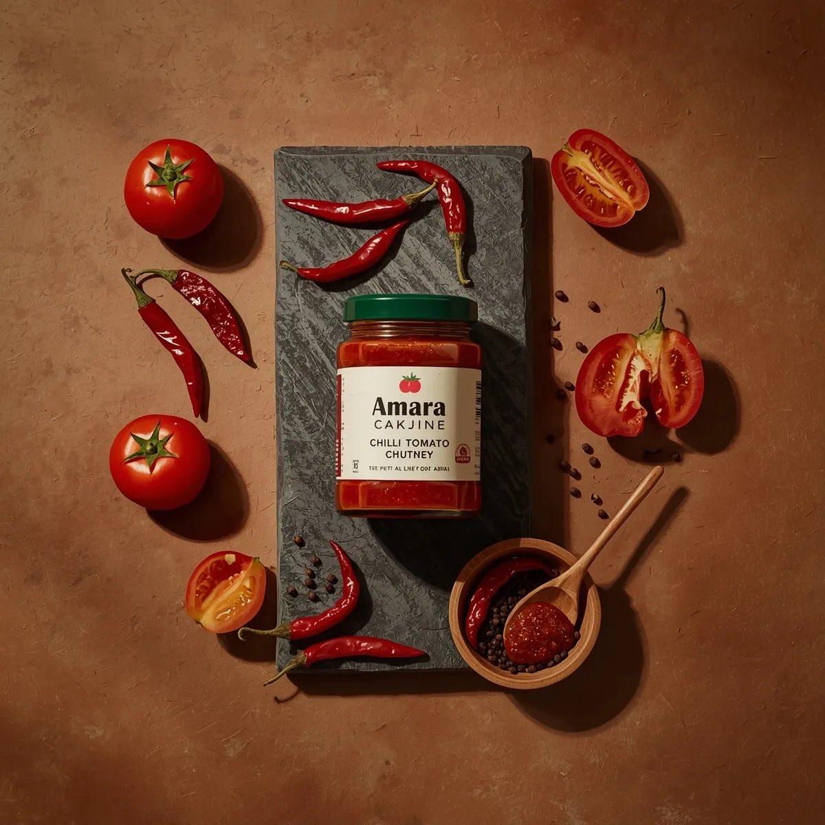 Top-down premium food photography of a glass jar of chili to