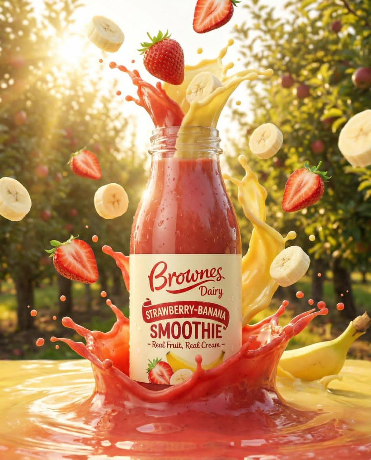 Ultra-realistic product ad of a premium fruit drink bottle,