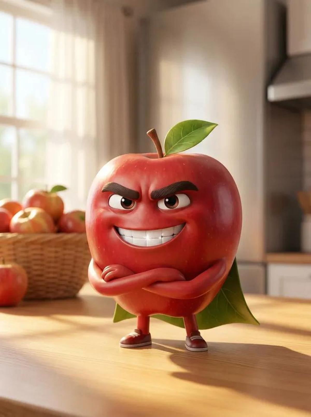 A Pixar-style 3D animated character of a single red apple. H