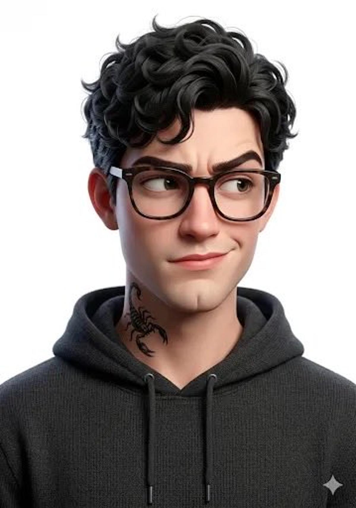 3D stylized character portrait of a young man, curly dark ha