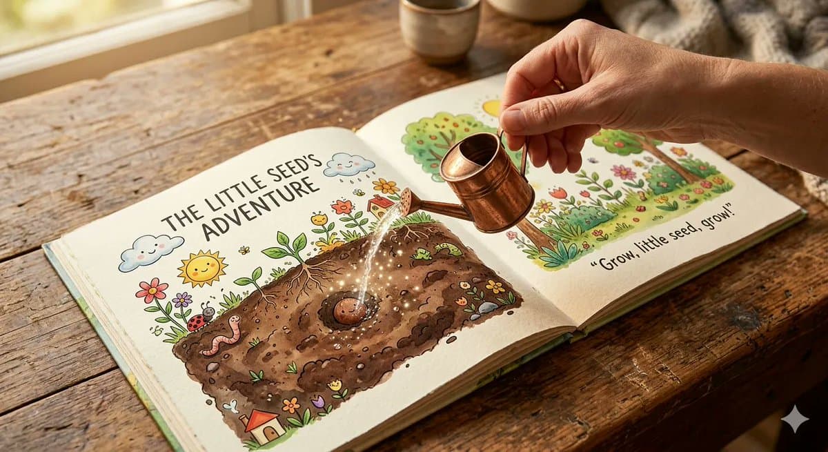 {
"prompt": "An open children’s picture book rests on a wo