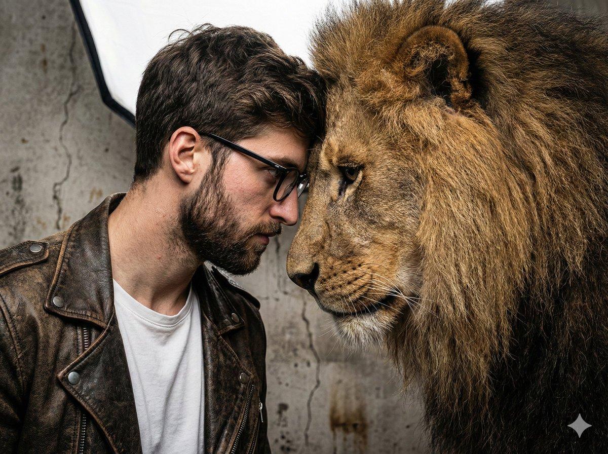A gritty, intense portrait of a man, a friend of real lion,