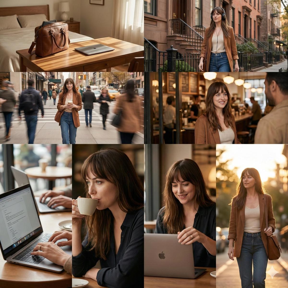 cinematic 8-photo storytelling collage featuring the same gi