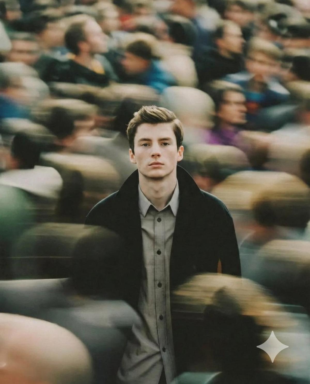 A cinematic portrait of a young man standing still in the mi