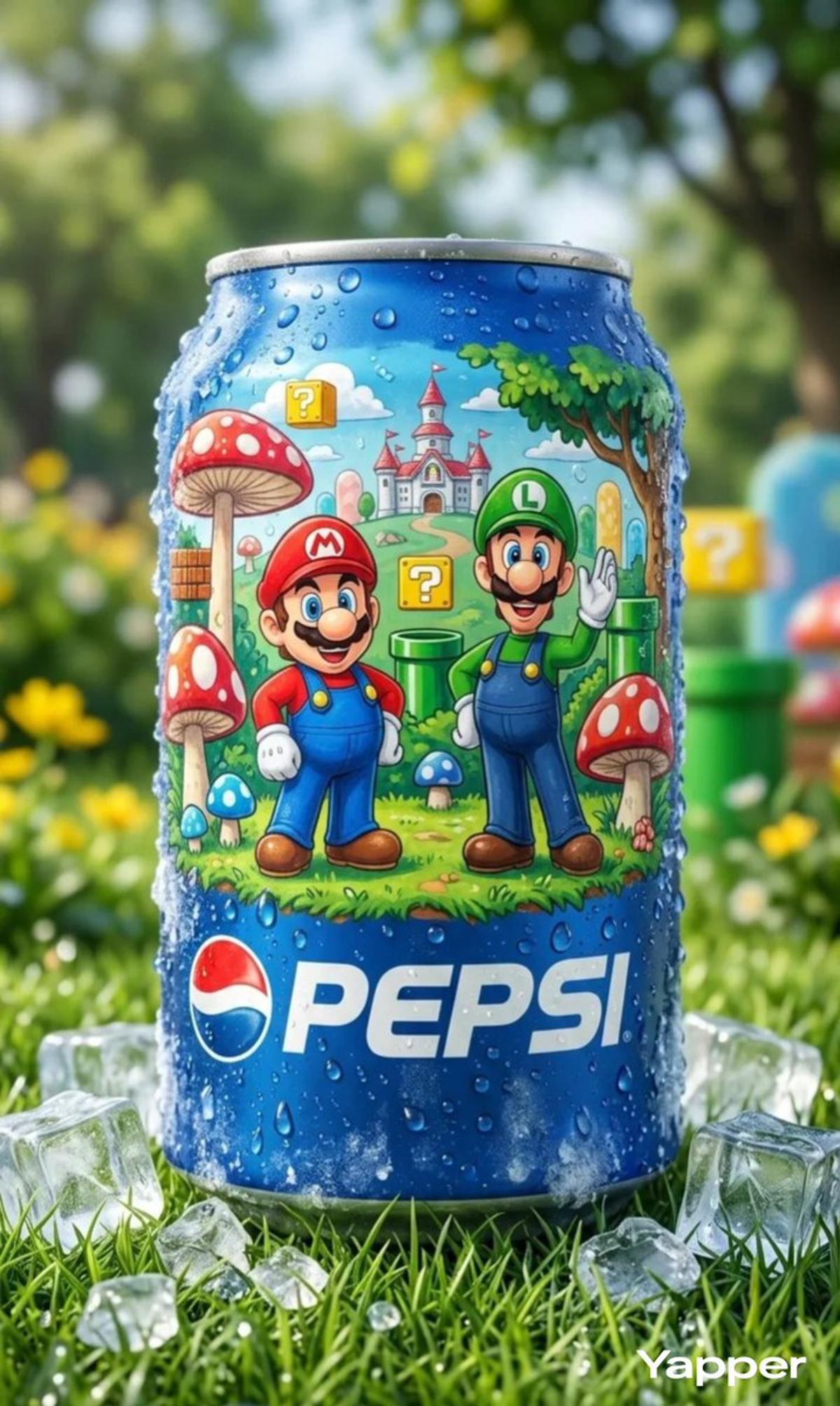 Ultra-realistic product photography of a chilled blue Pepsi