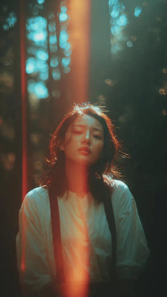 A cinematic portrait of an Asian woman standing in a quiet f
