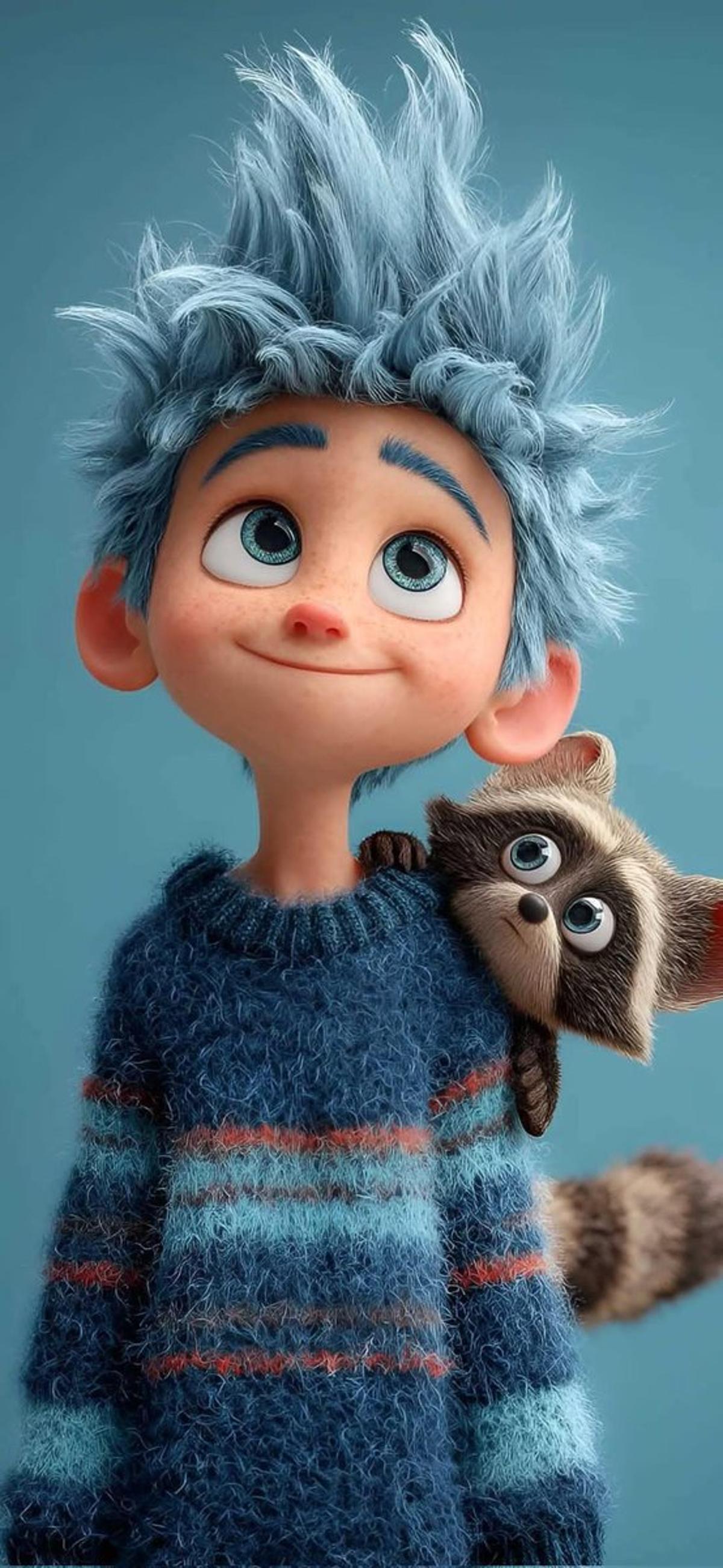 Cute stylized 3D animated boy with messy fluffy blue hair an