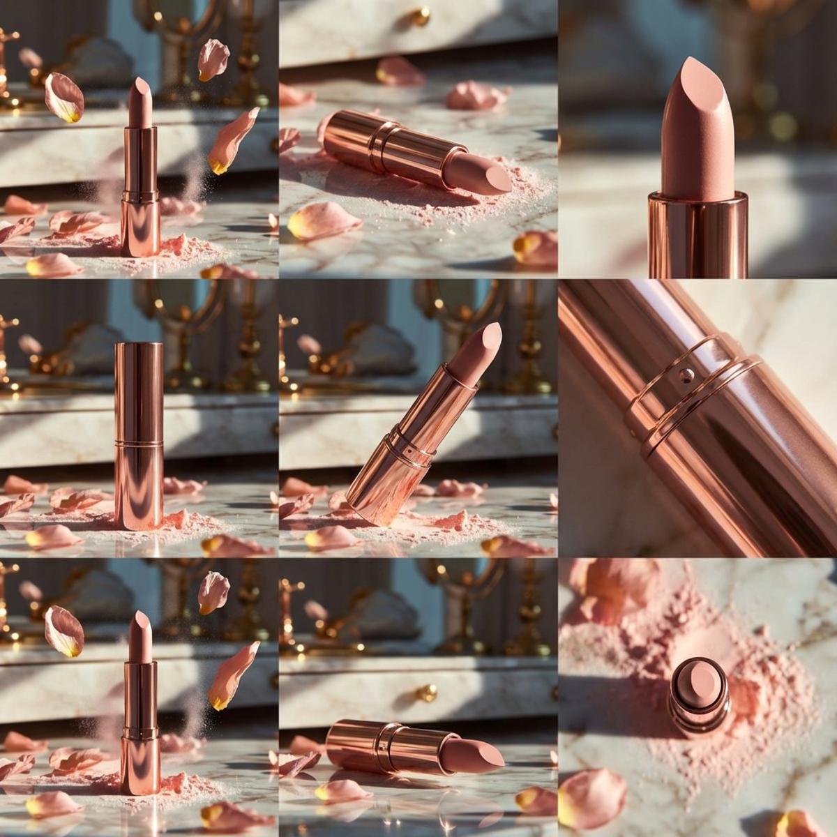 Elegant rose-gold lipstick standing upright on a reflective