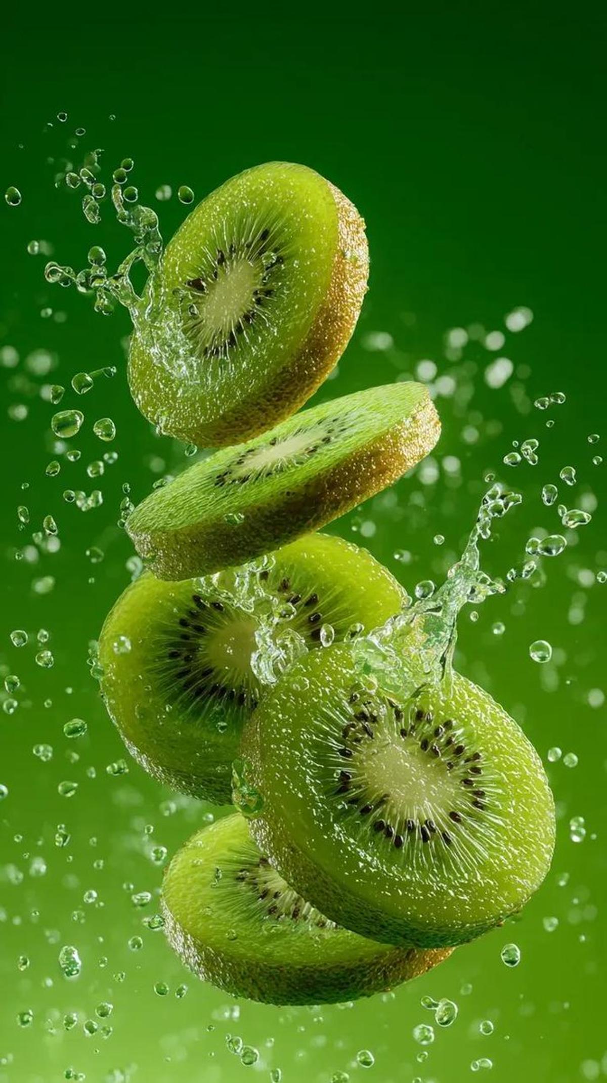 A hyper-realistic image of a sliced kiwi splashing in a spra