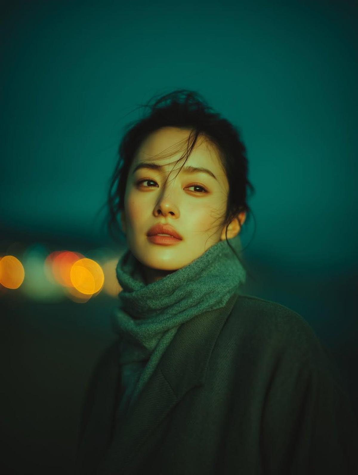 A cinematic night-time portrait of a young woman standing ou