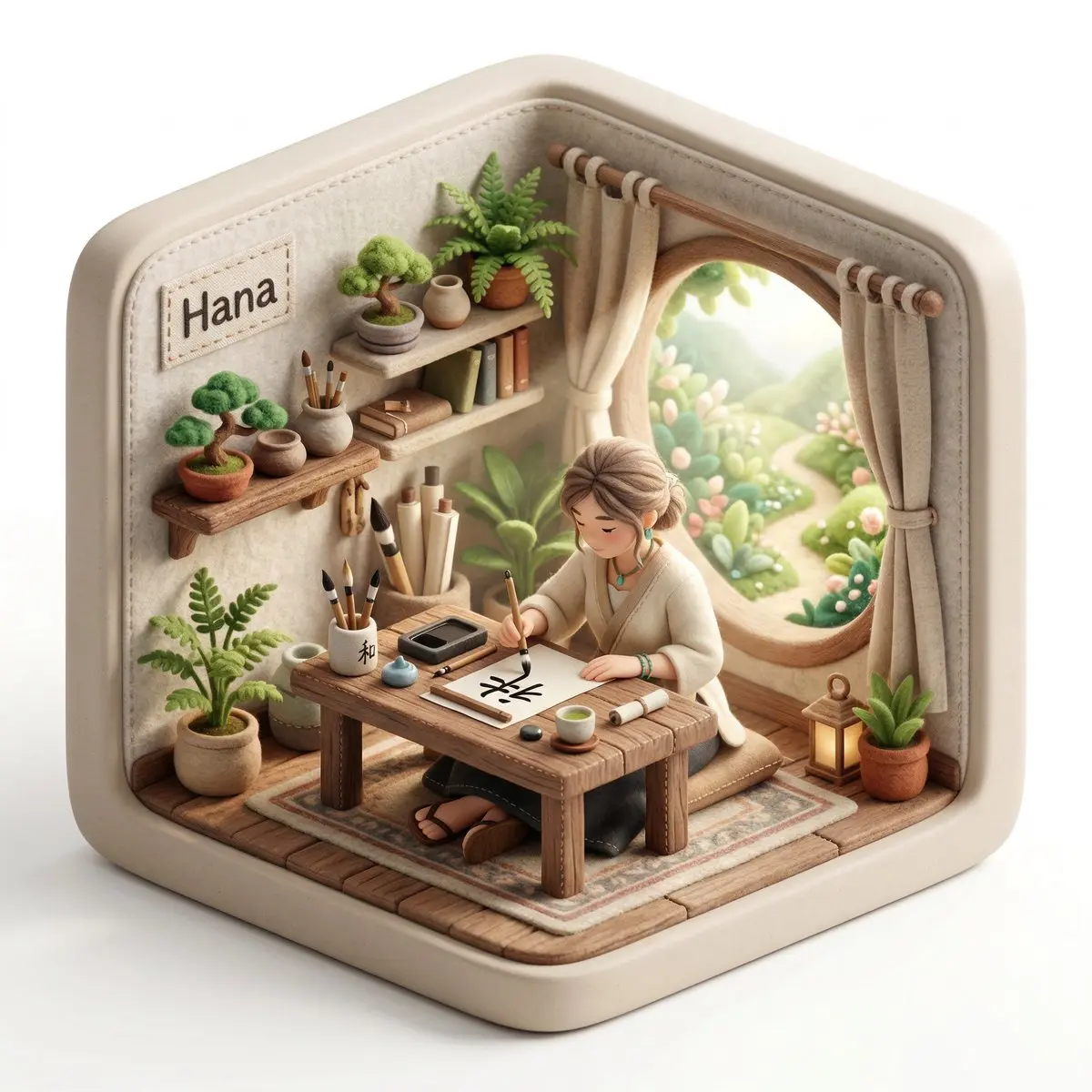 Create a 3D isometric diorama illustration of an original ch