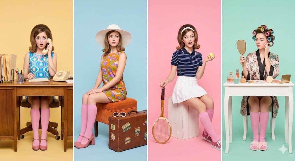 A retro-inspired studio photoshoot featuring a young woman s