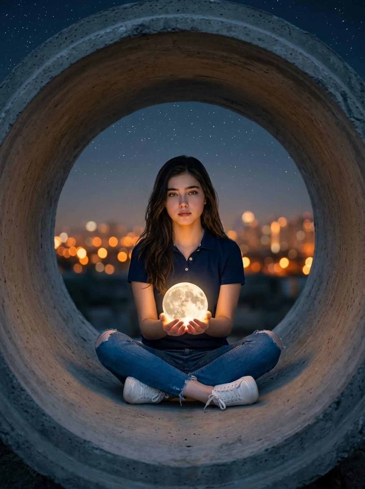 Hyper-realistic surreal photography of a woman sitting insid