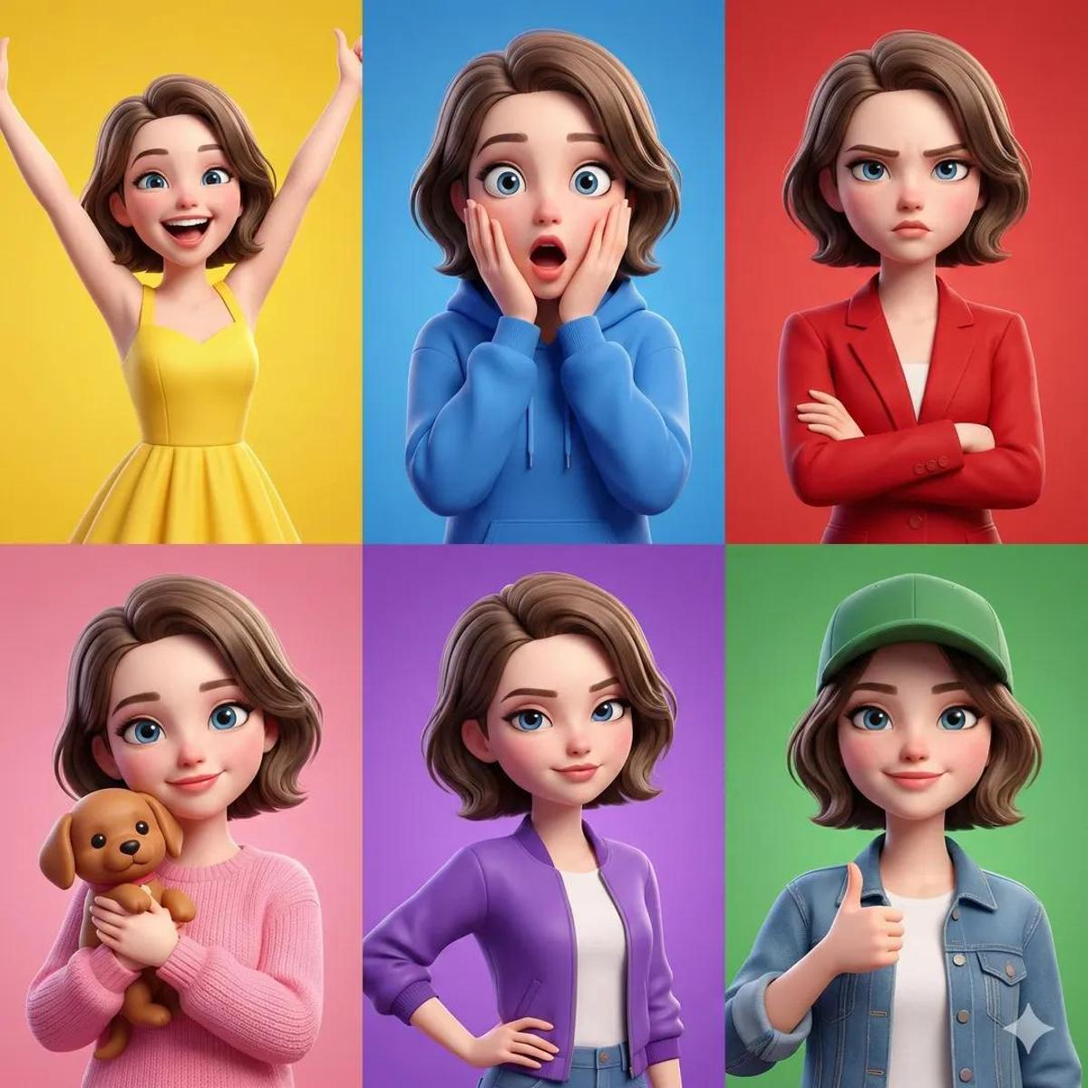 3D Pixar-style animated girl shown in a 6-panel grid, same c