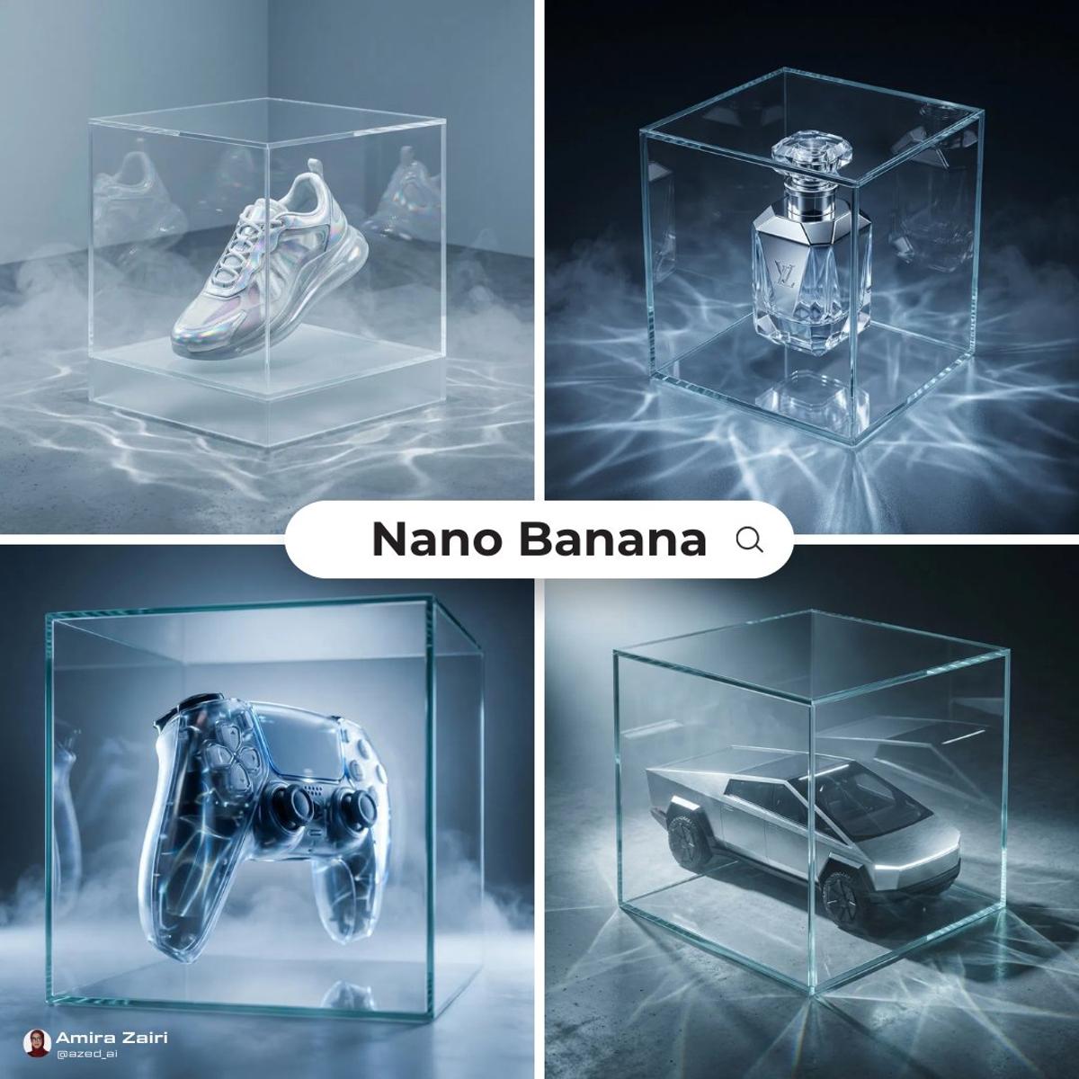 [product], futuristic high-end ad, transparent glass cube en