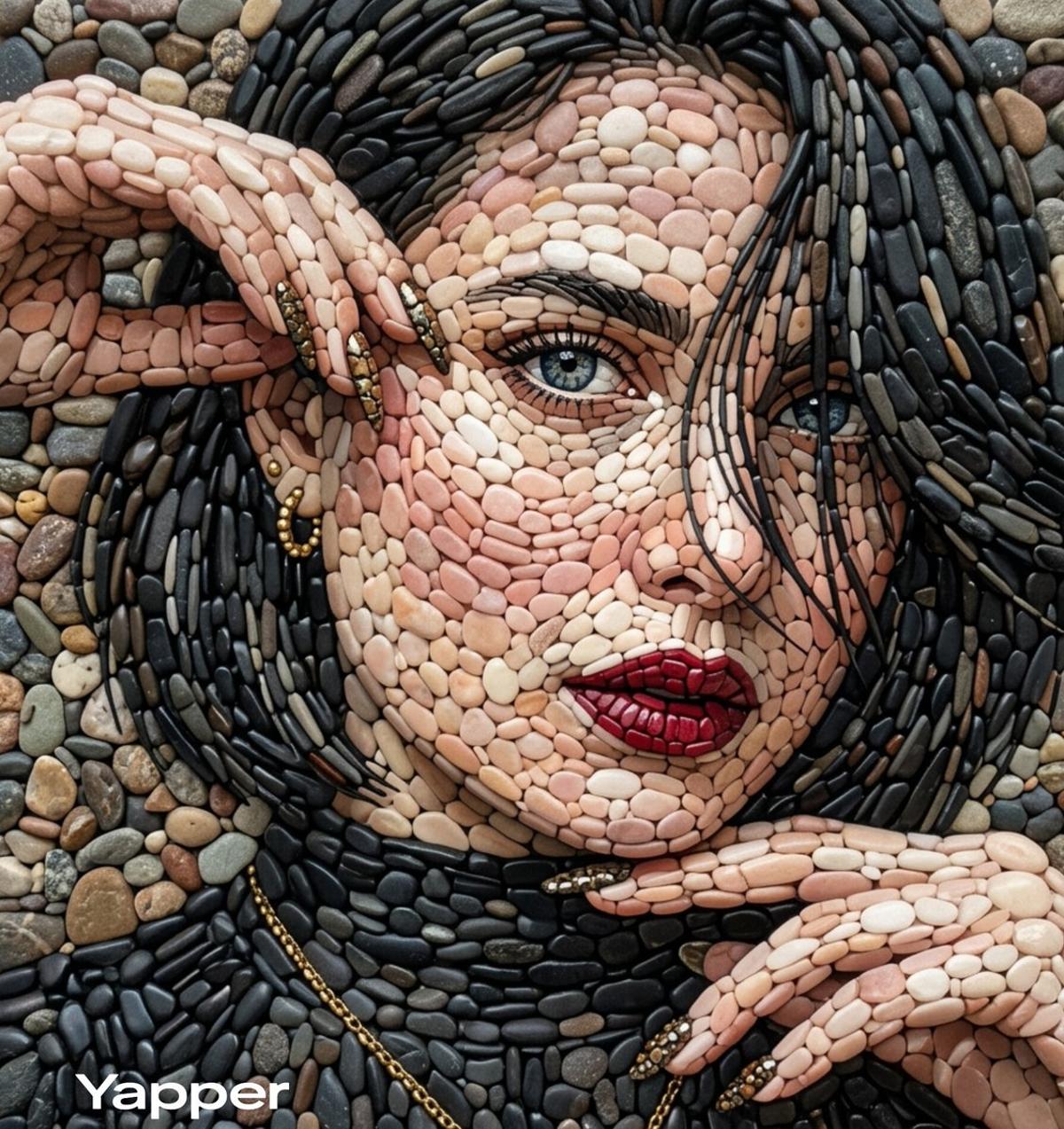 A highly detailed pebble mosaic portrait of a beautiful woma