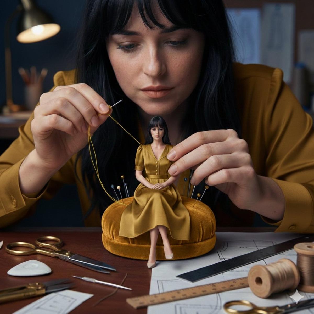 A cinematic fashion studio scene of a woman hand-sewing a mi