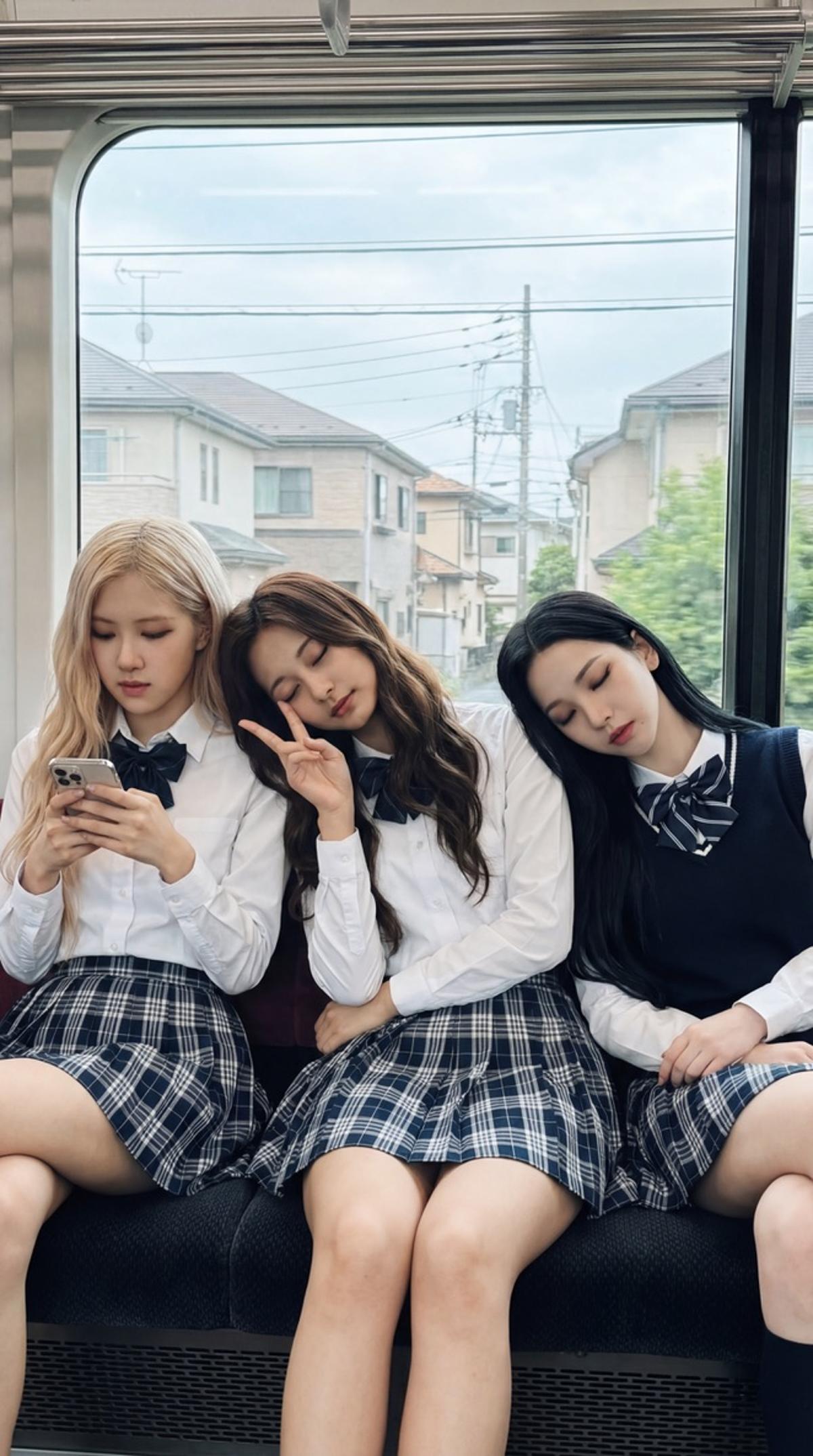 {
"prompt": "Three K-pop idols sitting on a train. Left girl