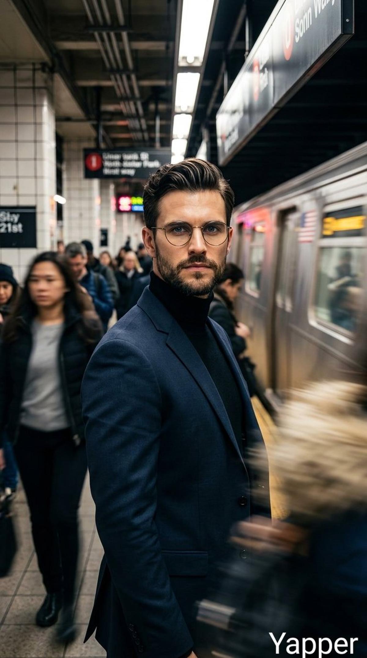 Cinematic portrait of a stylish man standing on a busy subwa