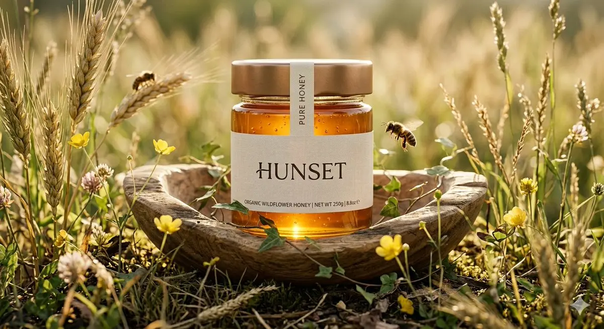 Ultra-realistic cinematic product shot of a premium honey ja