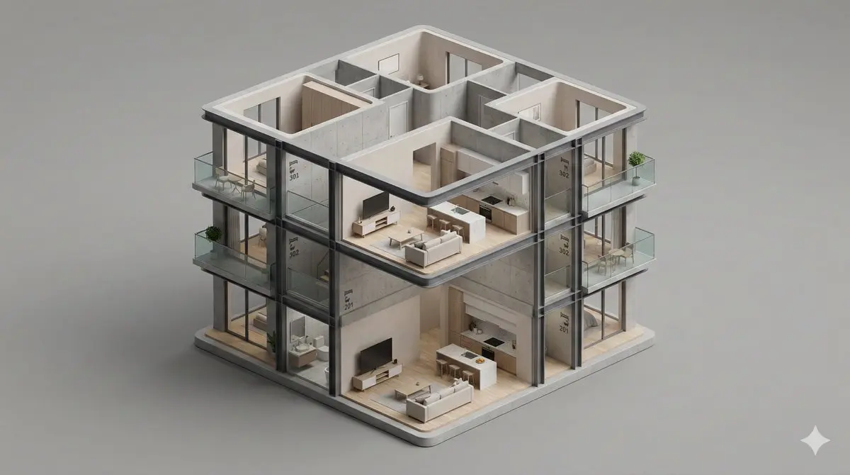 A clean, minimal 3D isometric diorama of a [BUILDING TYPE] s