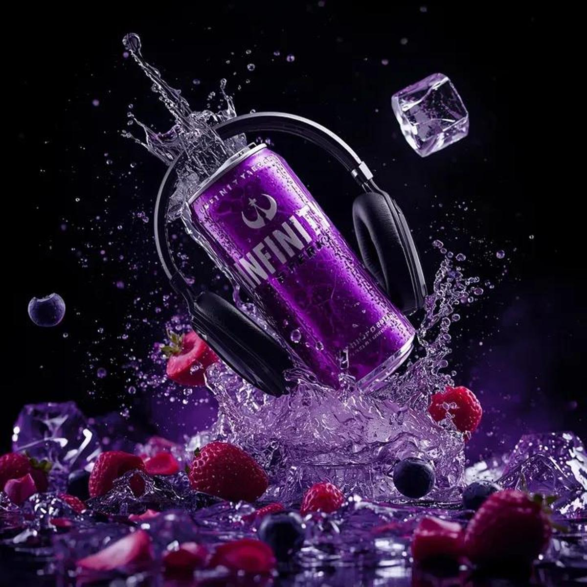 Ultra-cinematic product photography of a purple energy drink