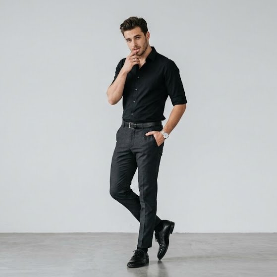 Full-body portrait of a stylish young man standing against a