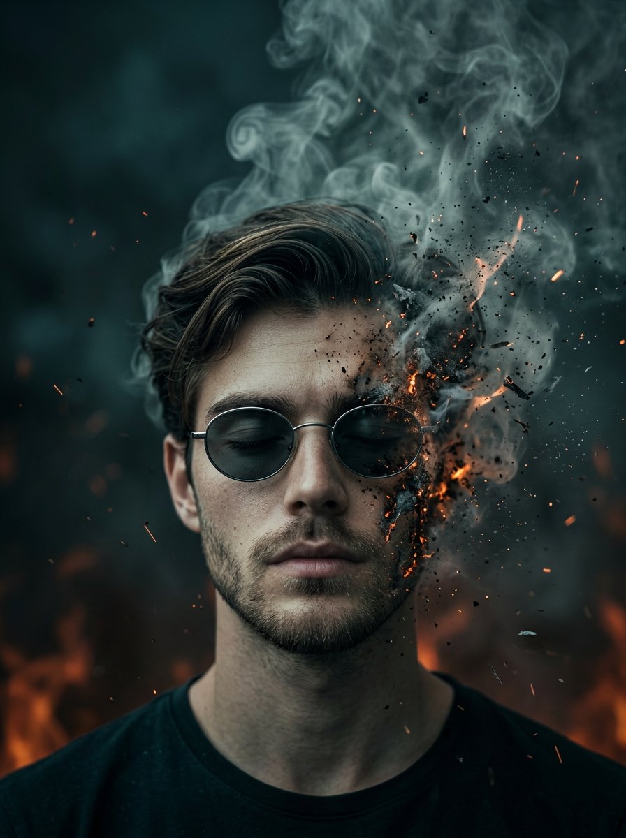 A surreal cinematic portrait of a young man with oval sungla
