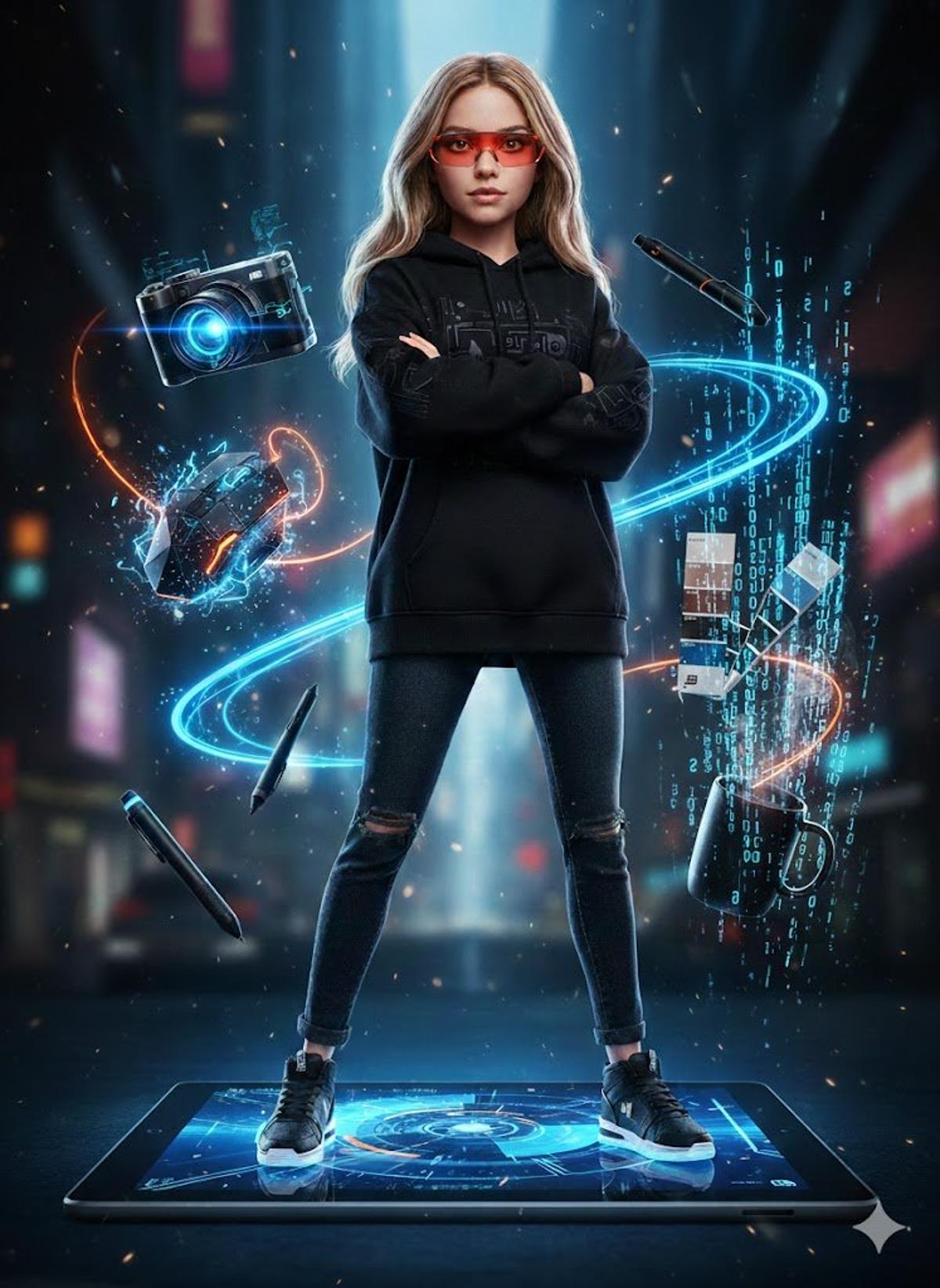 Hyper-realistic full-body portrait of a woman, using the exa