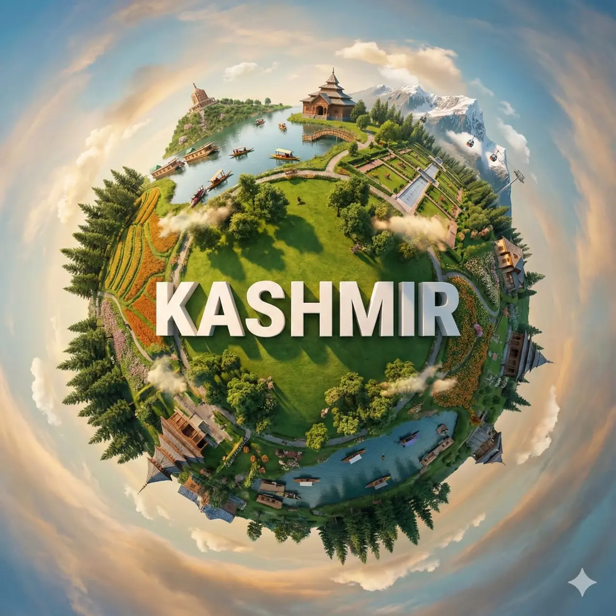 Create a hyper-realistic miniature planet showcasing [KASHMI