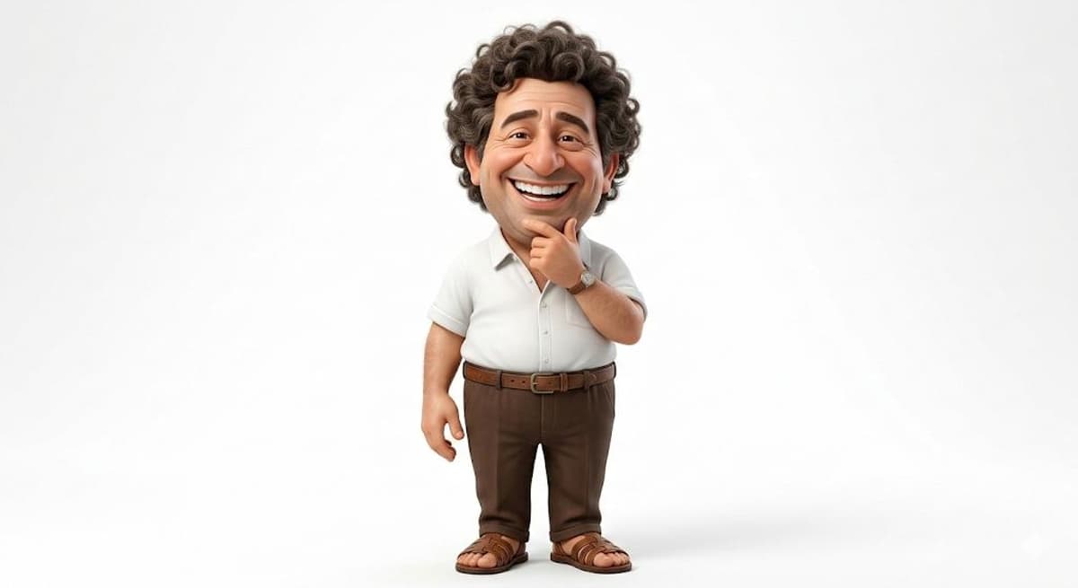 A highly detailed 3D caricature of a cheerful man with an ov