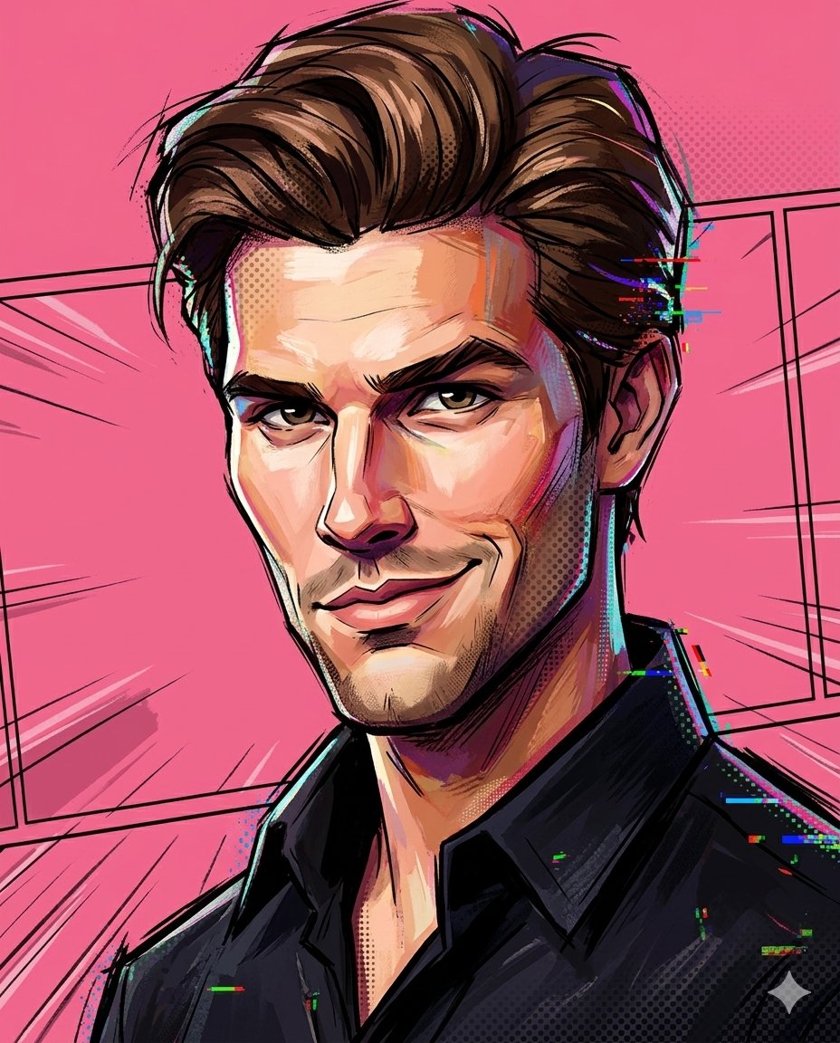 A painterly exaggerated cartoon portrait combining sculpted 
