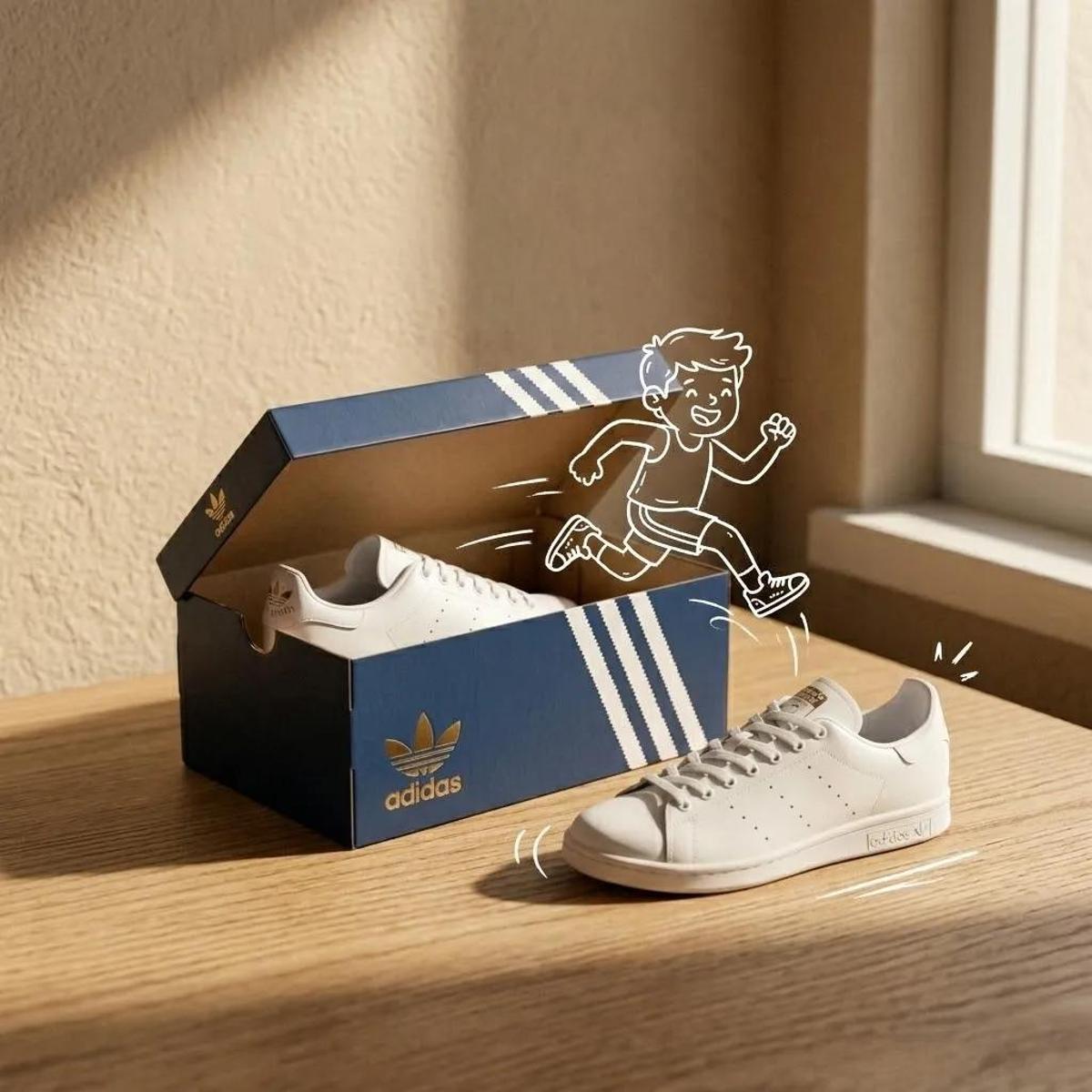 Adidas sneakers in the box, minimalist product photography,