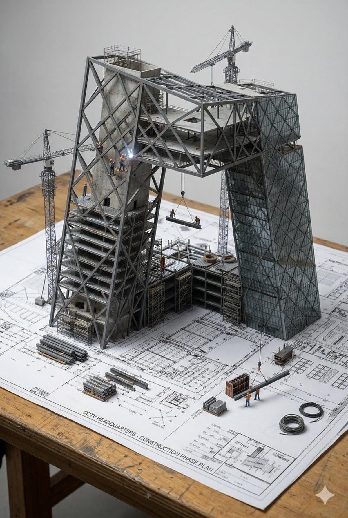 An architectural blueprint of {BUILDING_NAME} placed on a {S
