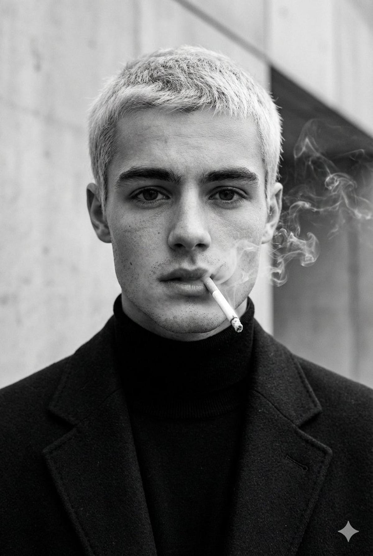 Ultra-realistic fashion black and white portrait of a man wi