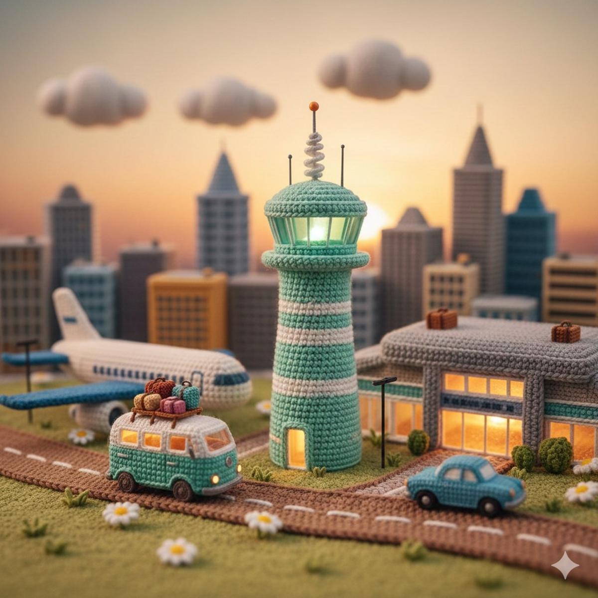 A highly detailed miniature diorama entirely made of crochet