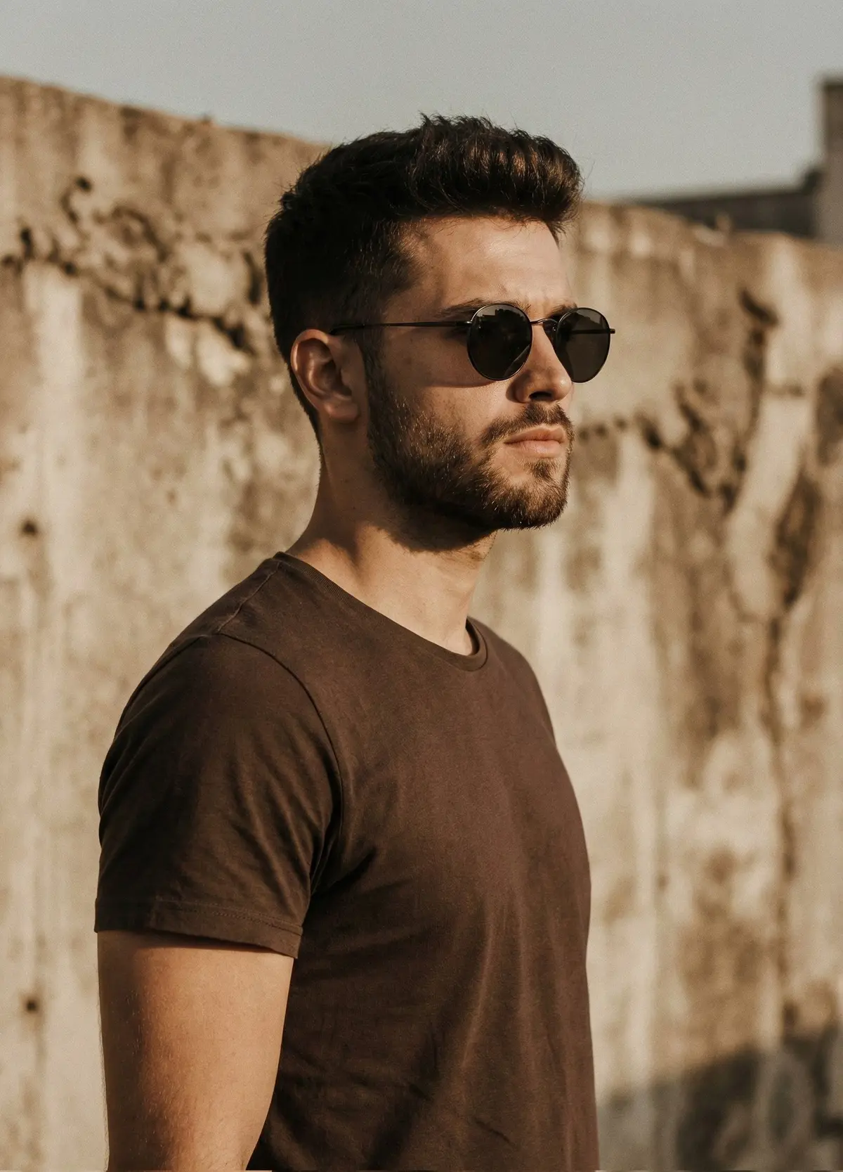 A cinematic portrait of a handsome man with a short styled h