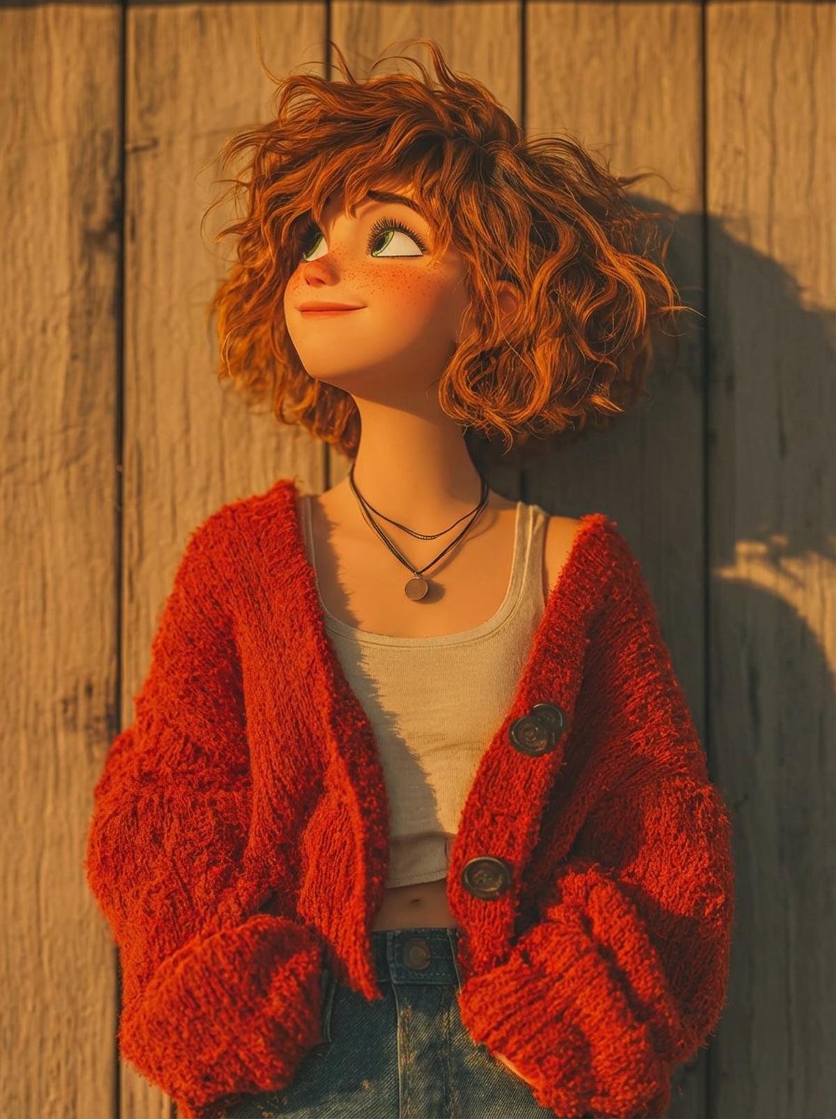 1. A stylized 3D animated girl with short messy curly ginger