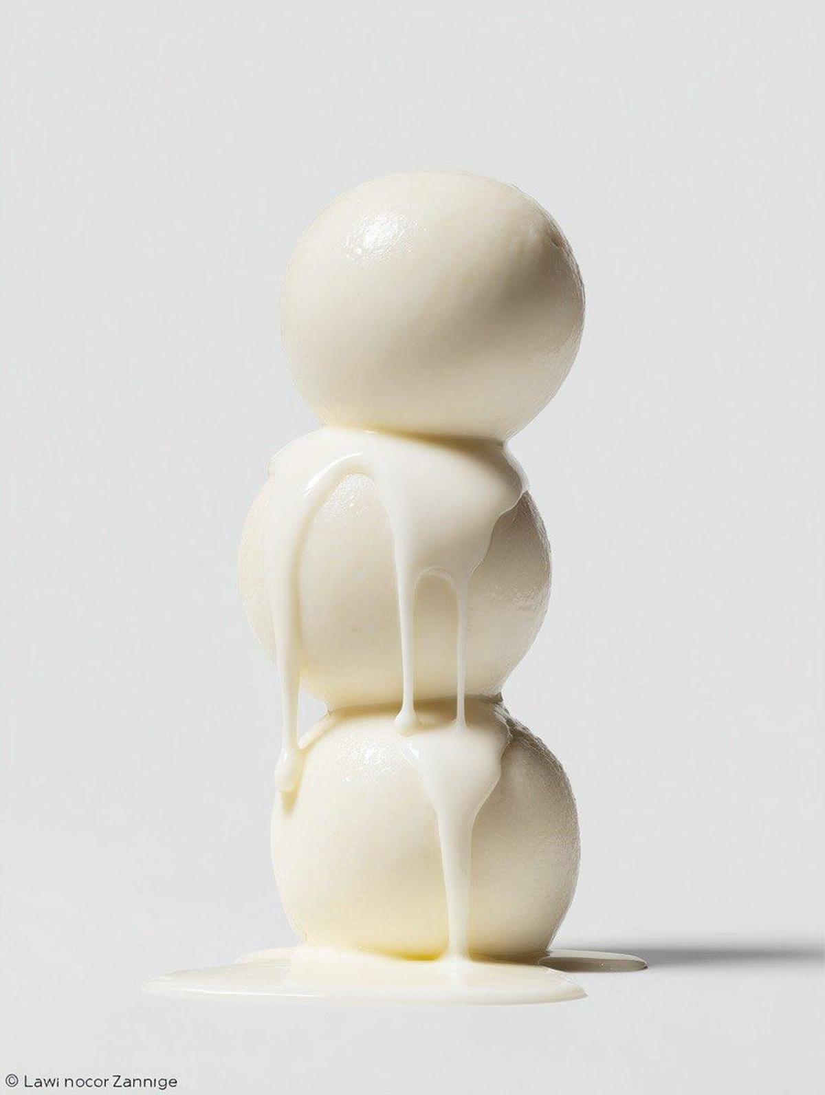 a stack of three [FOOD ITEM] with [LIQUID] dripping down, on