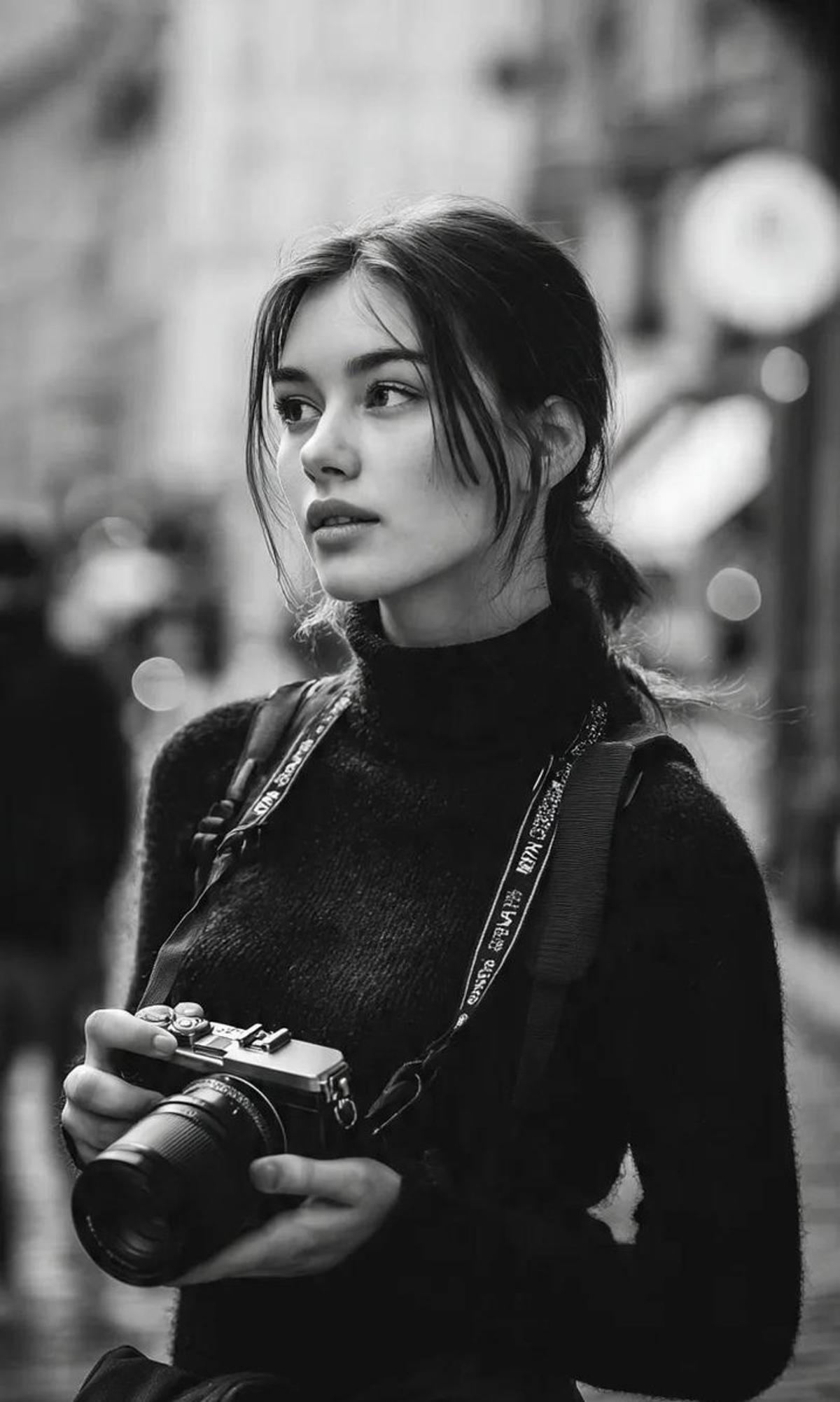 A cinematic black-and-white street portrait of a young woman